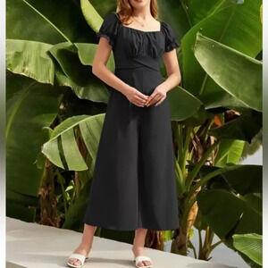 Womens Black Wide Leg Jumpsuit Ruffle Ruched Front Off the Shoulder Tie Back XL